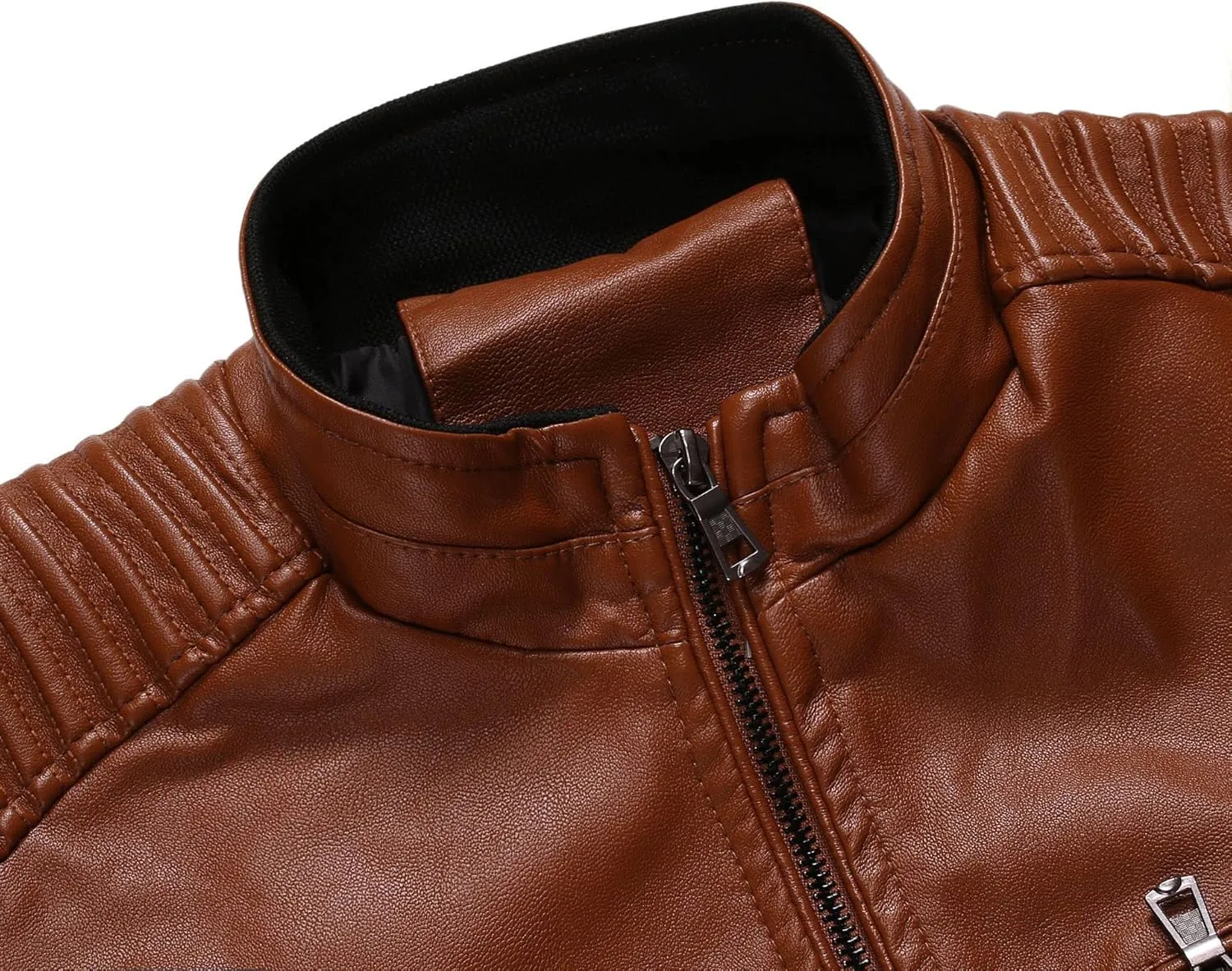 Men's Stand Collar Faux Leather Jacket Casual Zip Up Leather Biker Outwear Solid Color Slim Punk Motorcycle Jacket