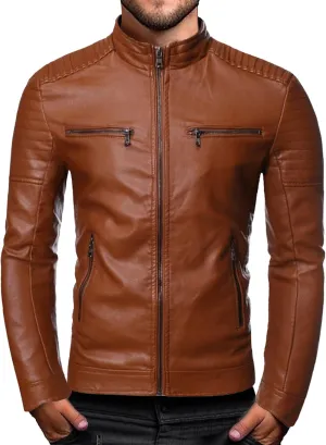 Men's Stand Collar Faux Leather Jacket Casual Zip Up Leather Biker Outwear Solid Color Slim Punk Motorcycle Jacket