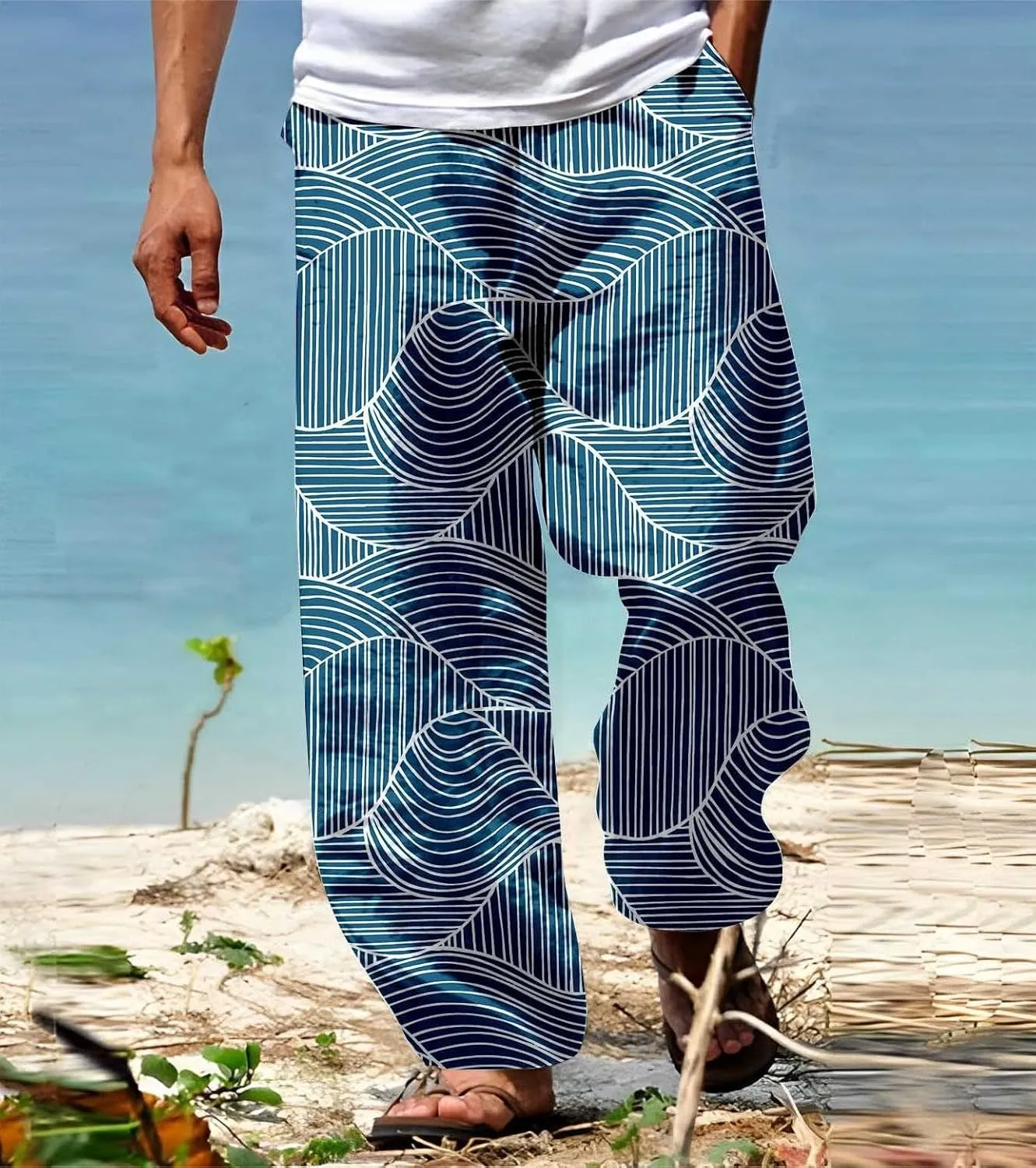 Mens Summer Cotton Linen Casual Pants Loose Fit Straight Leg Trend Printed Trousers Elastic Waist Drawstring Beach Yoga Pants