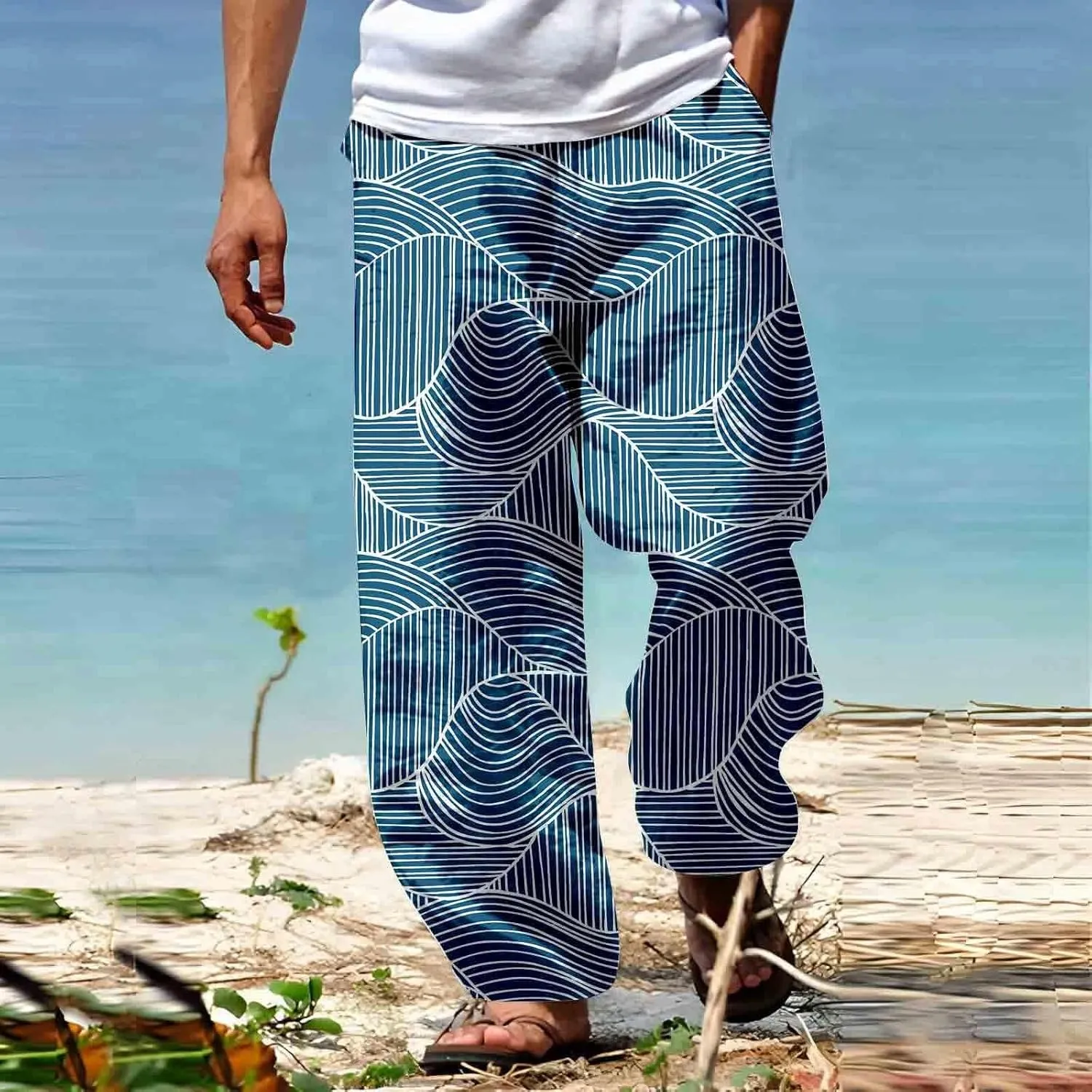 Mens Summer Cotton Linen Casual Pants Loose Fit Straight Leg Trend Printed Trousers Elastic Waist Drawstring Beach Yoga Pants