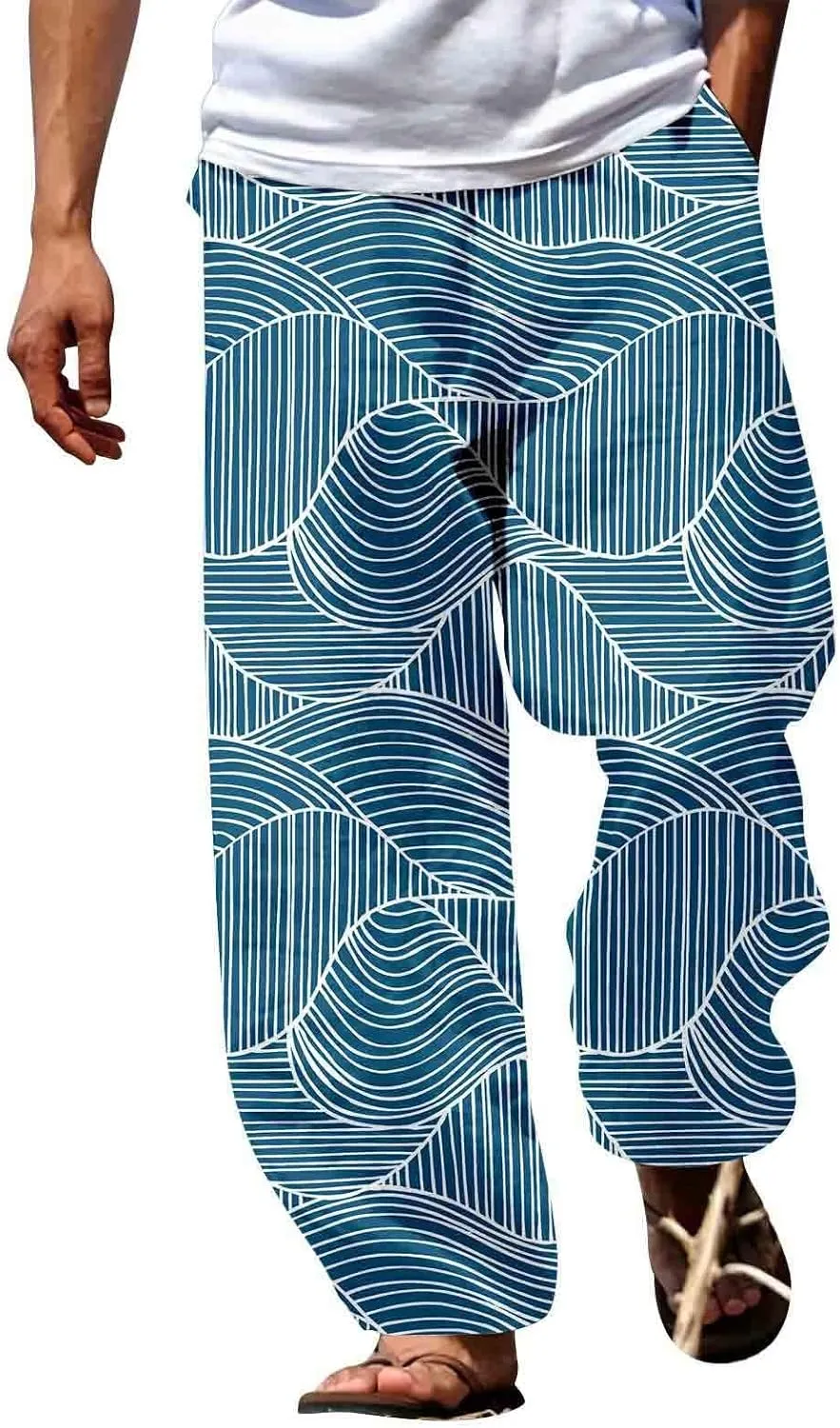 Mens Summer Cotton Linen Casual Pants Loose Fit Straight Leg Trend Printed Trousers Elastic Waist Drawstring Beach Yoga Pants