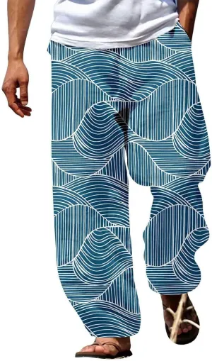 Mens Summer Cotton Linen Casual Pants Loose Fit Straight Leg Trend Printed Trousers Elastic Waist Drawstring Beach Yoga Pants