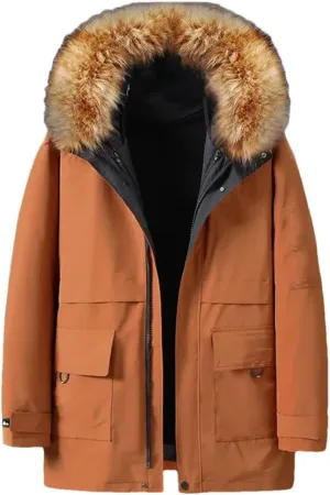 Men's Thick And Warm Winter Fur Collar Removable Lined Down And Cotton Padded Fleece Cold-Proof Plus Size Coat