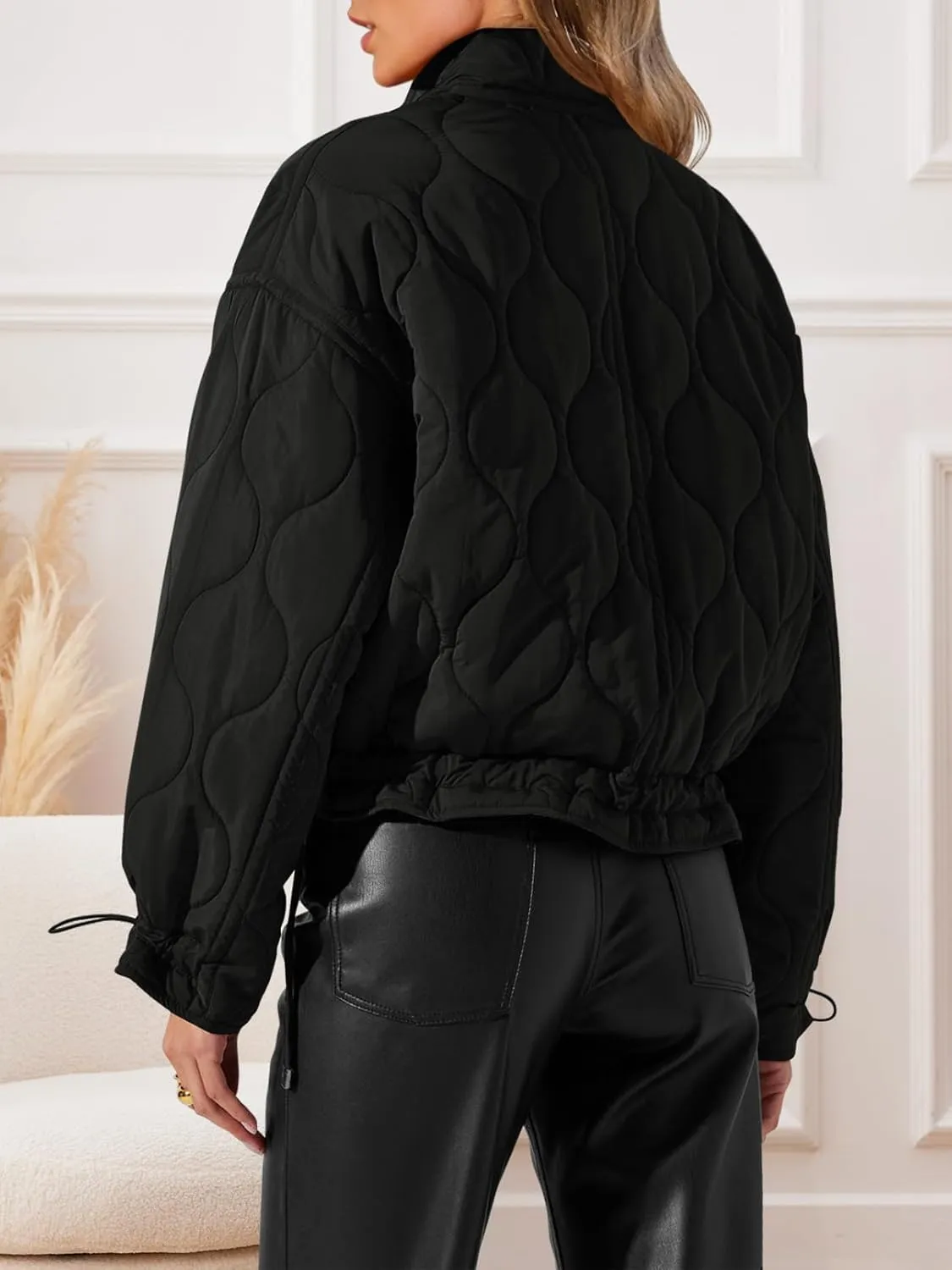 MEROKEETY Women's Cropped Zip-Up Bomber Jackets Warm Quilted Long Sleeve Stand Neck Winter Coats