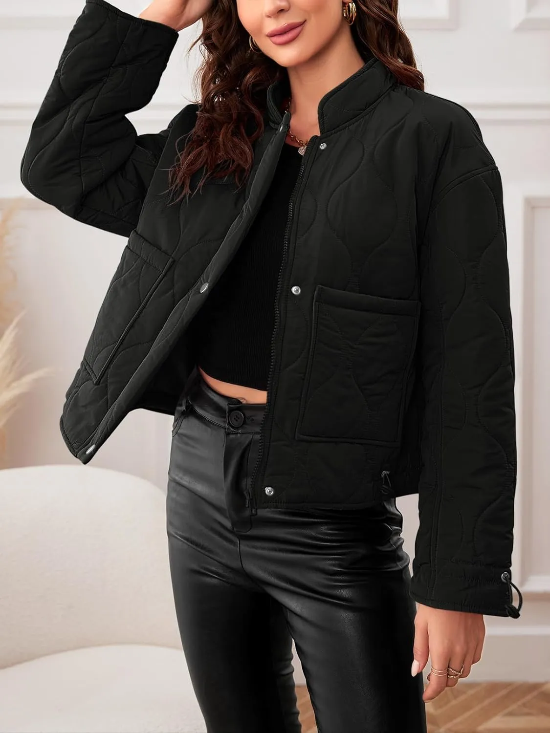 MEROKEETY Women's Cropped Zip-Up Bomber Jackets Warm Quilted Long Sleeve Stand Neck Winter Coats