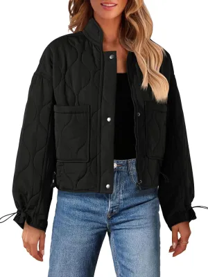 MEROKEETY Women's Cropped Zip-Up Bomber Jackets Warm Quilted Long Sleeve Stand Neck Winter Coats