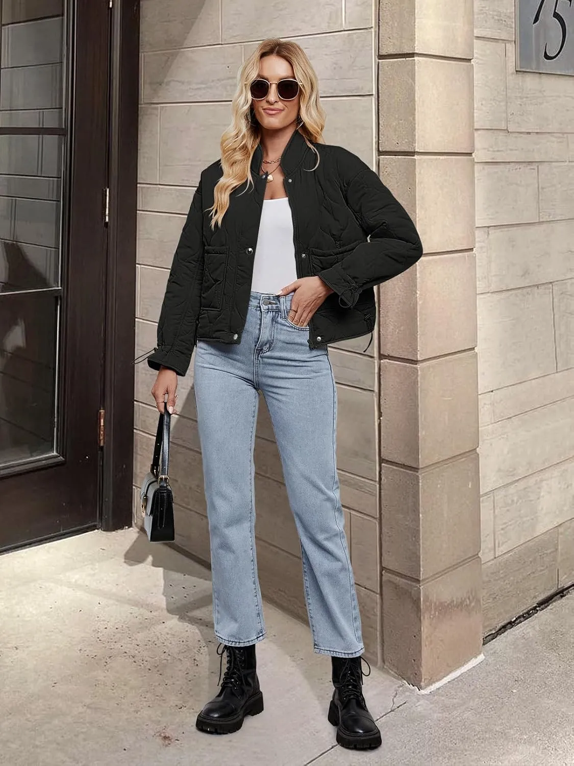 MEROKEETY Women's Cropped Zip-Up Bomber Jackets Warm Quilted Long Sleeve Stand Neck Winter Coats