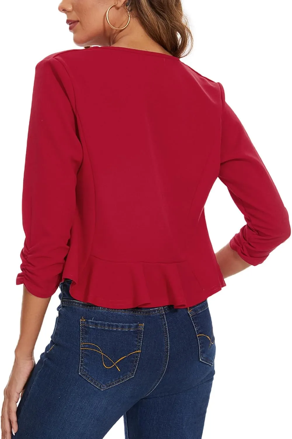 MINTLIMIT Cropped Blazer for Women 3/4 Ruched Sleeve Collarless Open Front Casual Work Office Cardigan Suit Jacket