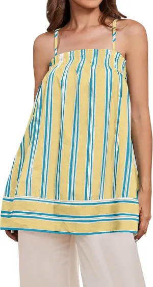 MISSACTIVER Women Sleeveless Striped Tunic Tank Top Summer Color Block Smocked Spaghetti Strap Camisole Tops with Pockets