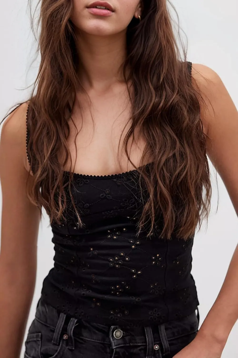 MISSACTIVER Women Summer Eyelet Embroidered Tank Tops Casual Sleeveless Square Neck Wide Straps Slim Fit Cami Crop Tops