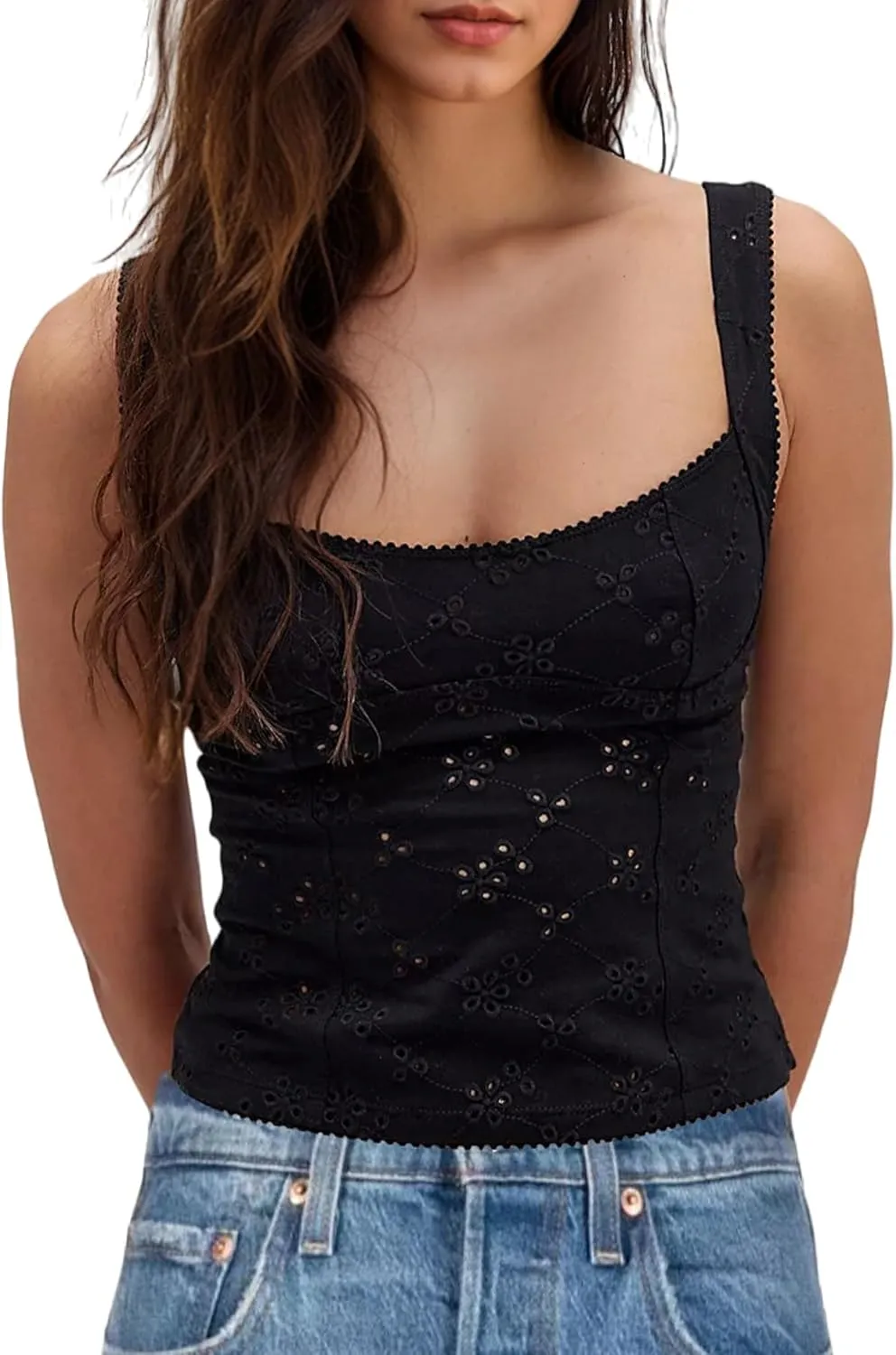 MISSACTIVER Women Summer Eyelet Embroidered Tank Tops Casual Sleeveless Square Neck Wide Straps Slim Fit Cami Crop Tops