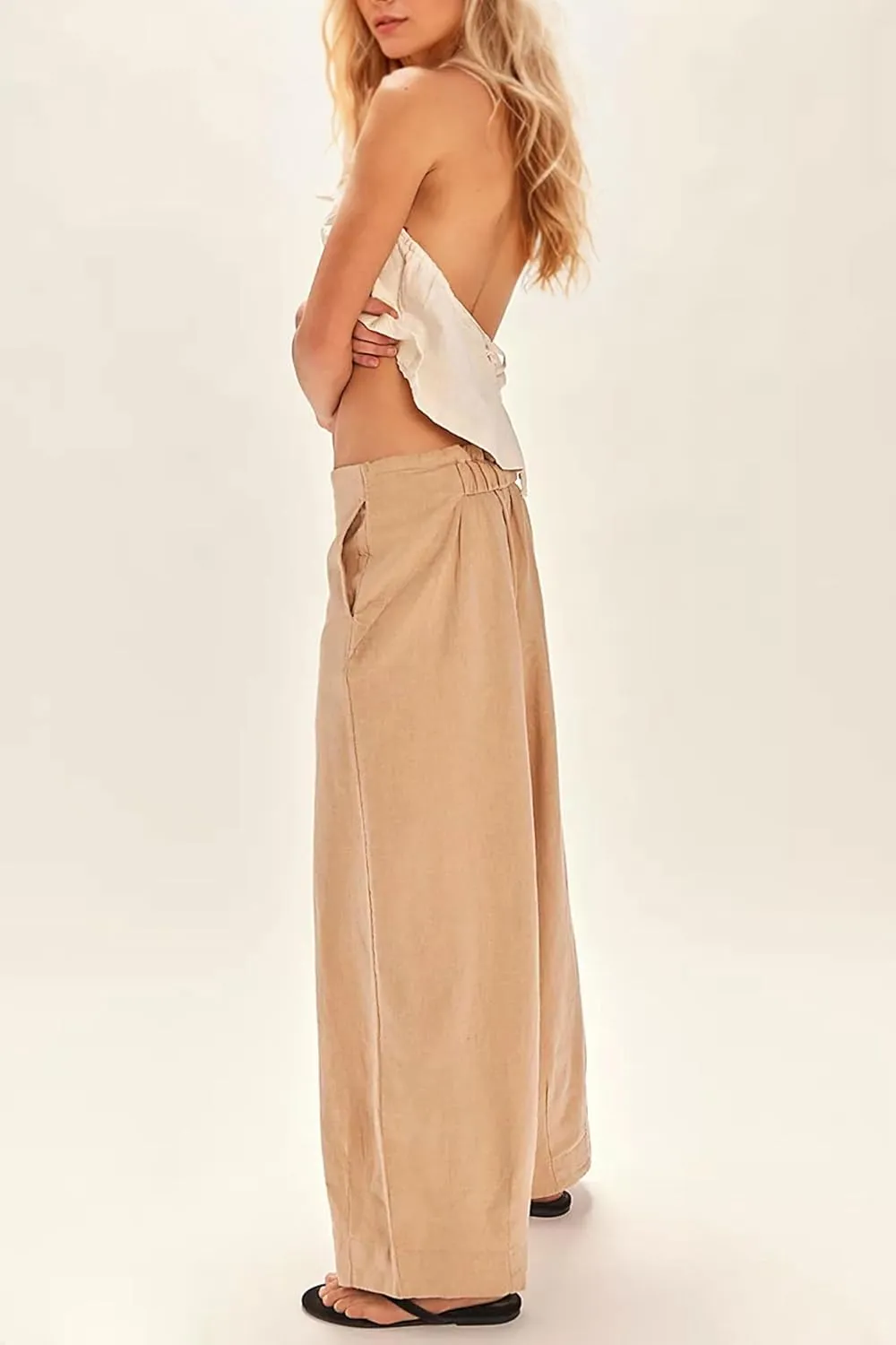 MISSACTIVER Womens Linen Wide Leg Trousers Summer Elastic Waist Palazzo Pants Casual Lounge Pants with Pockets