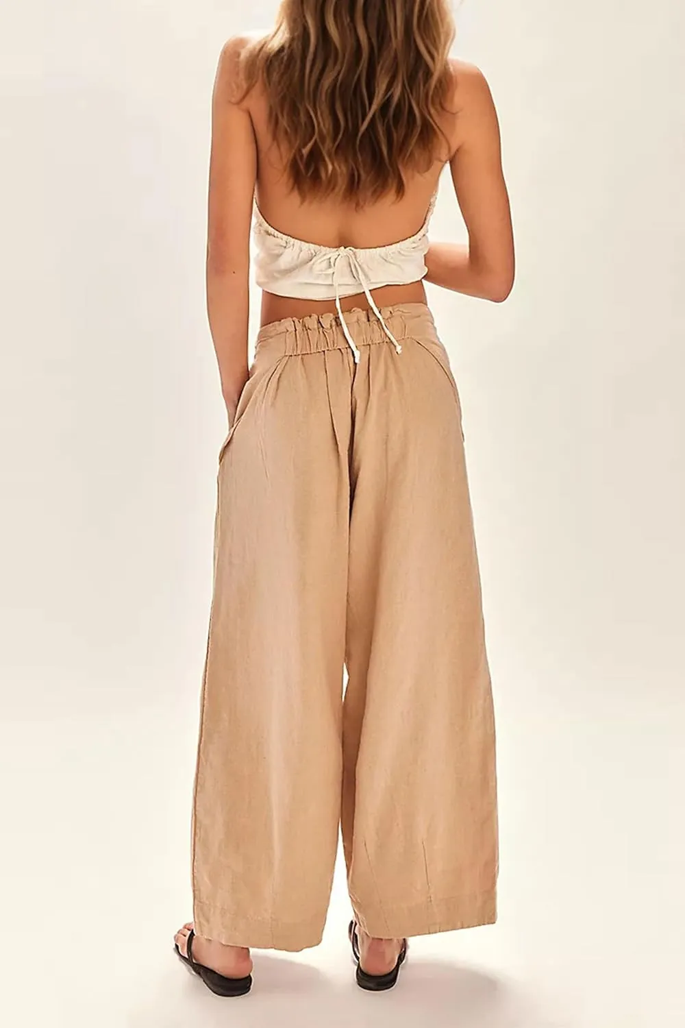MISSACTIVER Womens Linen Wide Leg Trousers Summer Elastic Waist Palazzo Pants Casual Lounge Pants with Pockets