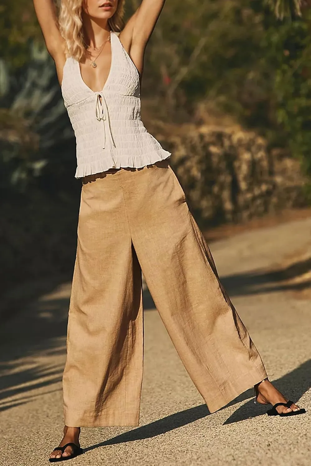 MISSACTIVER Womens Linen Wide Leg Trousers Summer Elastic Waist Palazzo Pants Casual Lounge Pants with Pockets