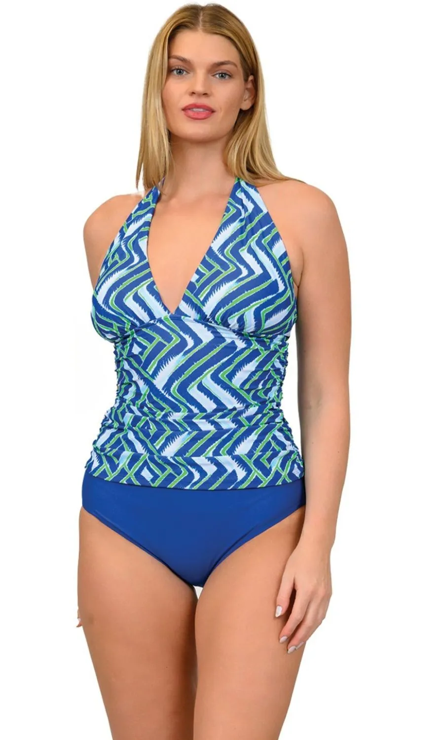 MS-BPTK06- Wholesale Women's Solid Blue and Printed Halter Tankini
