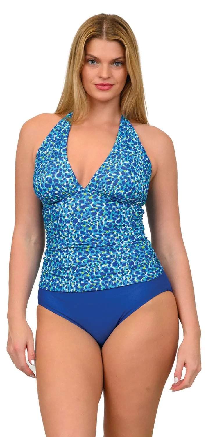 MS-BPTK06- Wholesale Women's Solid Blue and Printed Halter Tankini