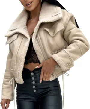 Mtsebmves Women's Faux Shearing Jacket Thick Lined Parka Winter Shearling Coat Leather Jacket Lapel Zipper Jackets