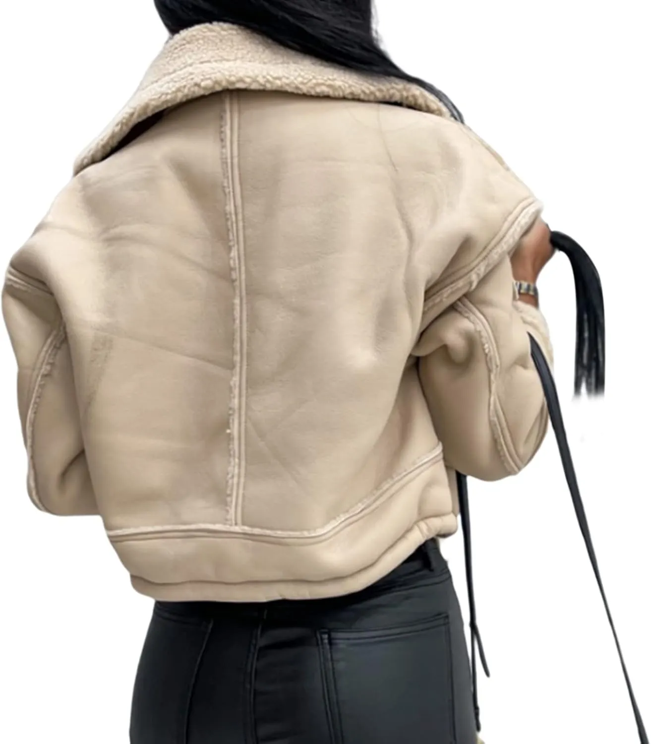 Mtsebmves Women's Faux Shearing Jacket Thick Lined Parka Winter Shearling Coat Leather Jacket Lapel Zipper Jackets