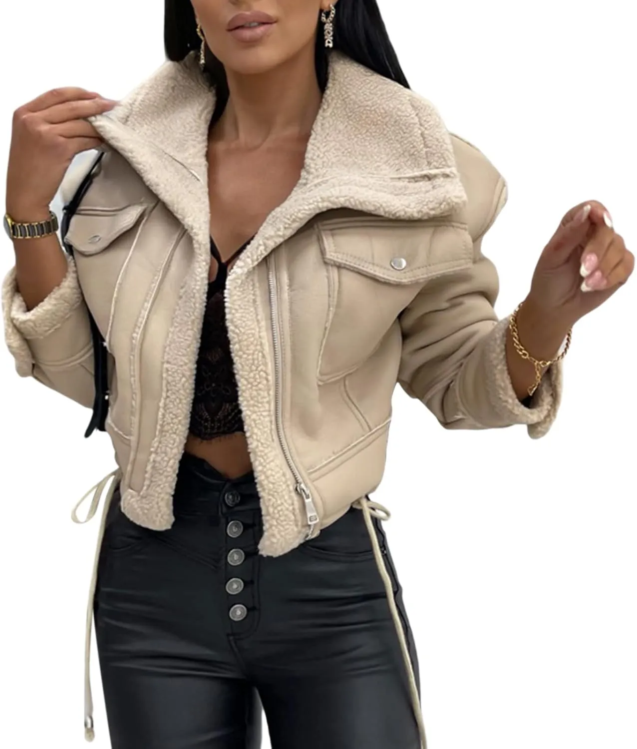 Mtsebmves Women's Faux Shearing Jacket Thick Lined Parka Winter Shearling Coat Leather Jacket Lapel Zipper Jackets