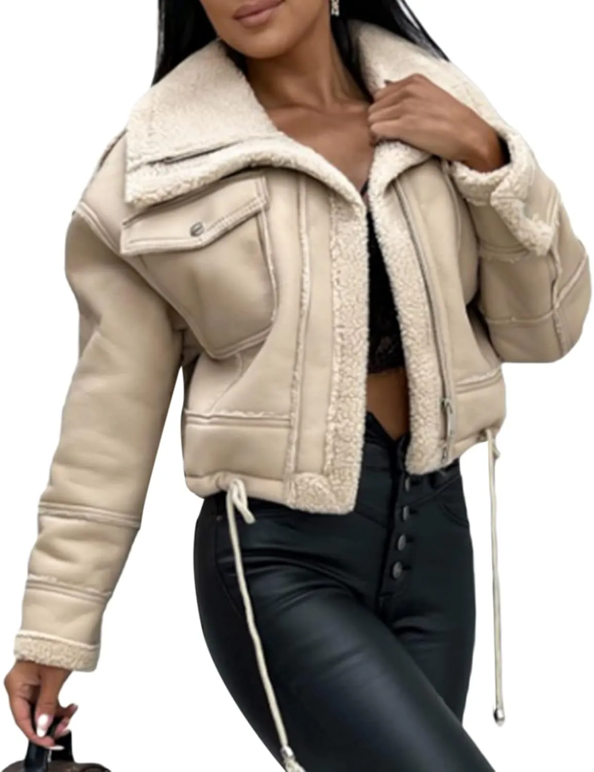 Mtsebmves Women's Faux Shearing Jacket Thick Lined Parka Winter Shearling Coat Leather Jacket Lapel Zipper Jackets