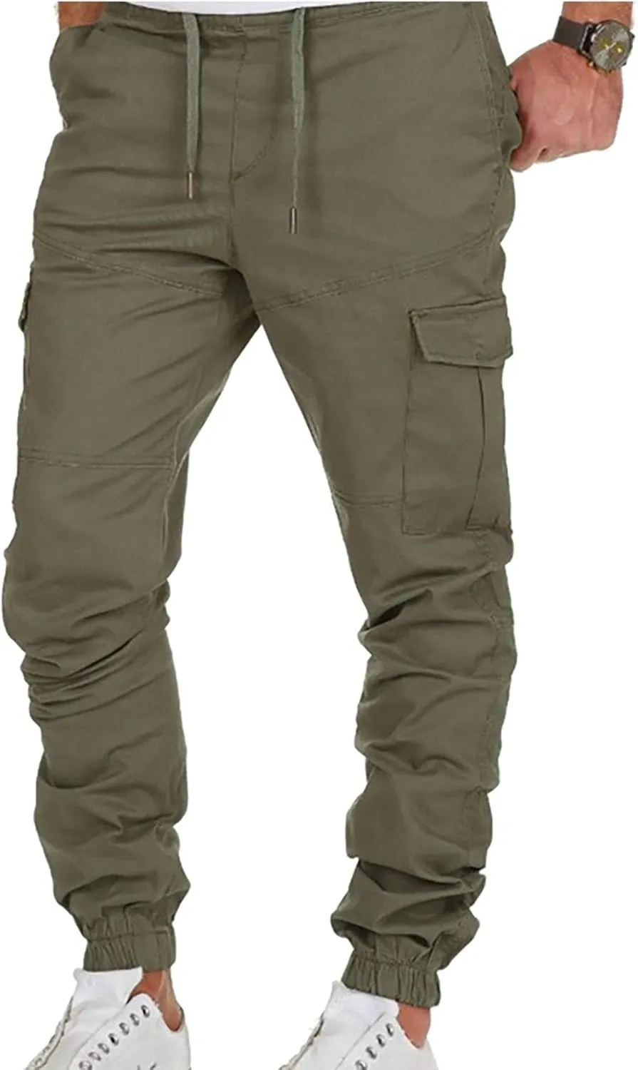Muscularfit Hiking Pants for Men 2203 Drawstring Elastic Waist Slacks Tapered Multi Pockets Cargo Pants Casual Solid Trousers