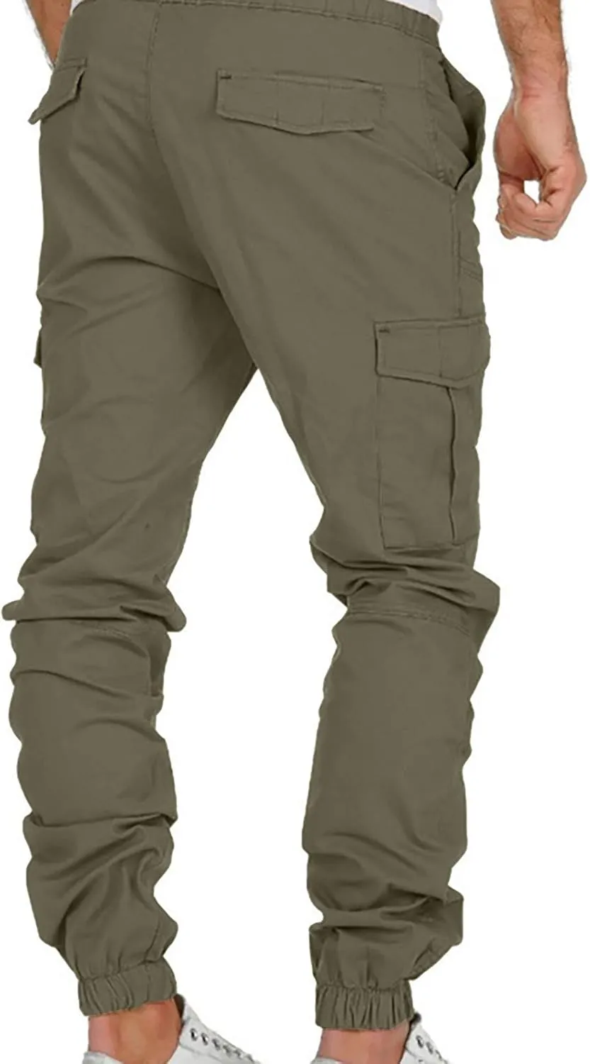 Muscularfit Hiking Pants for Men 2203 Drawstring Elastic Waist Slacks Tapered Multi Pockets Cargo Pants Casual Solid Trousers