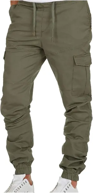 Muscularfit Hiking Pants for Men 2203 Drawstring Elastic Waist Slacks Tapered Multi Pockets Cargo Pants Casual Solid Trousers