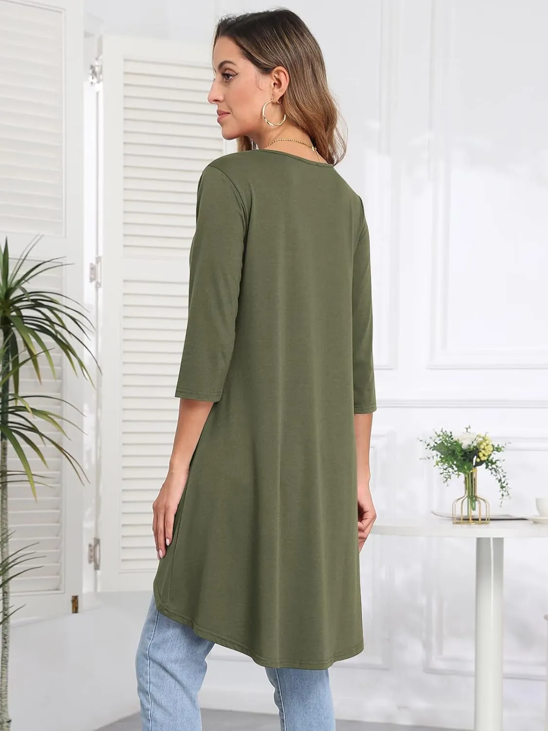 Naggoo Womens Long Shirts for Leggings 3/4 Sleeve V Neck Button Decor High Low Tops Casual Loose Fit Tunic Tops