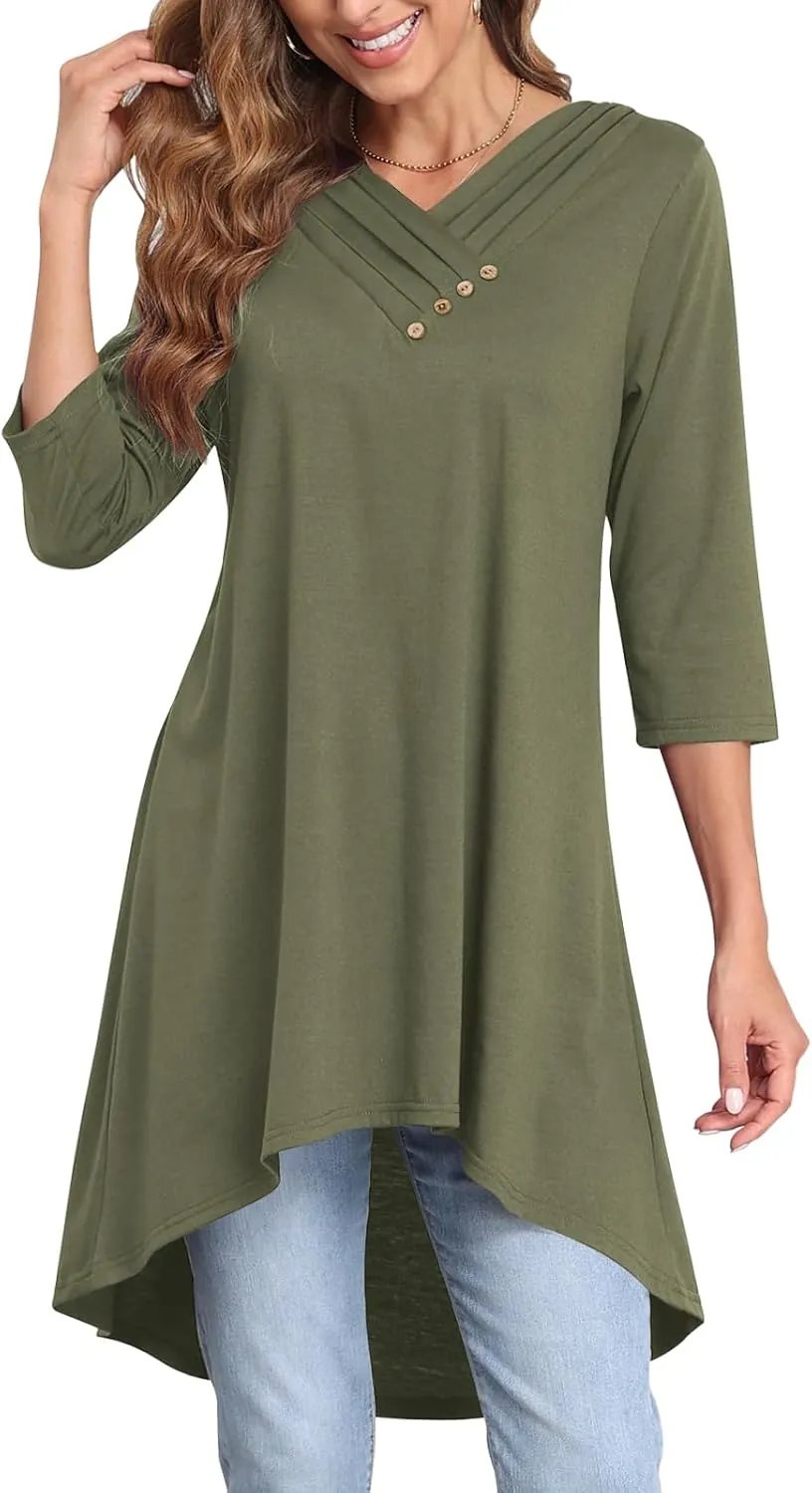 Naggoo Womens Long Shirts for Leggings 3/4 Sleeve V Neck Button Decor High Low Tops Casual Loose Fit Tunic Tops