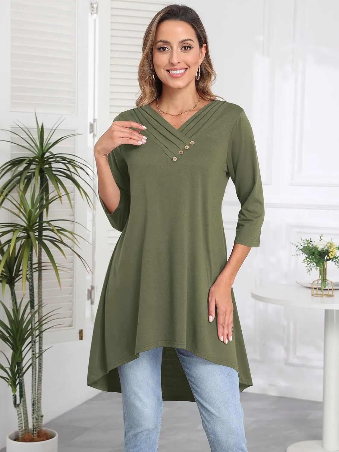 Naggoo Womens Long Shirts for Leggings 3/4 Sleeve V Neck Button Decor High Low Tops Casual Loose Fit Tunic Tops