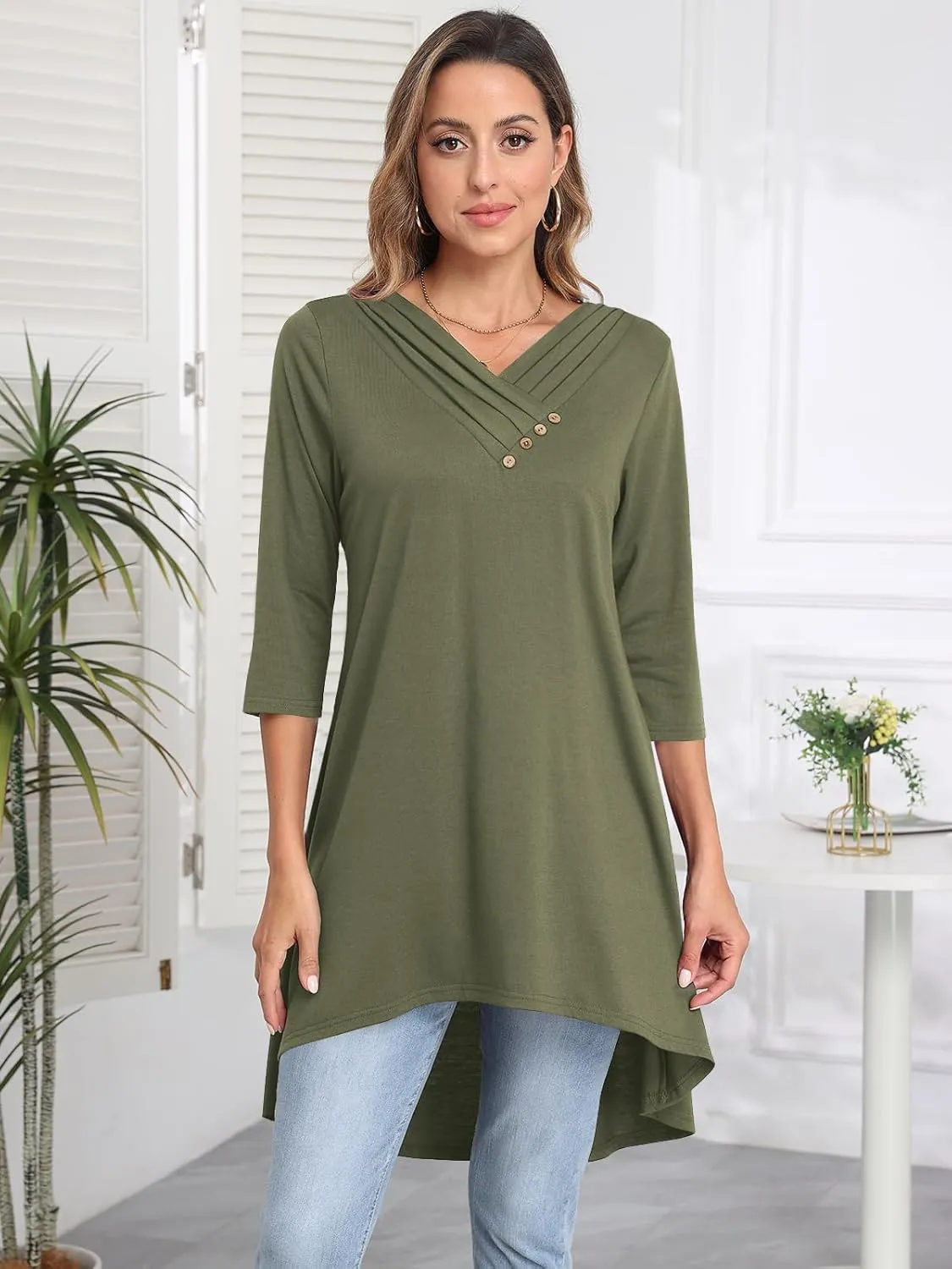 Naggoo Womens Long Shirts for Leggings 3/4 Sleeve V Neck Button Decor High Low Tops Casual Loose Fit Tunic Tops
