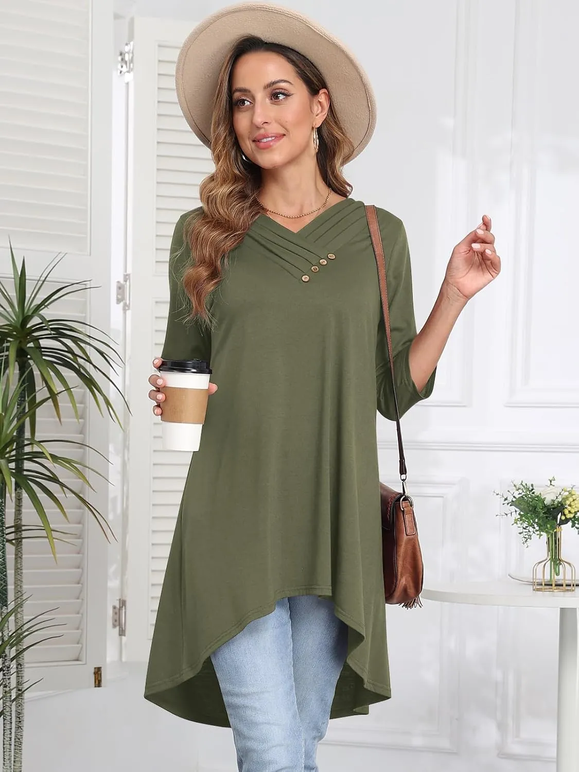 Naggoo Womens Long Shirts for Leggings 3/4 Sleeve V Neck Button Decor High Low Tops Casual Loose Fit Tunic Tops