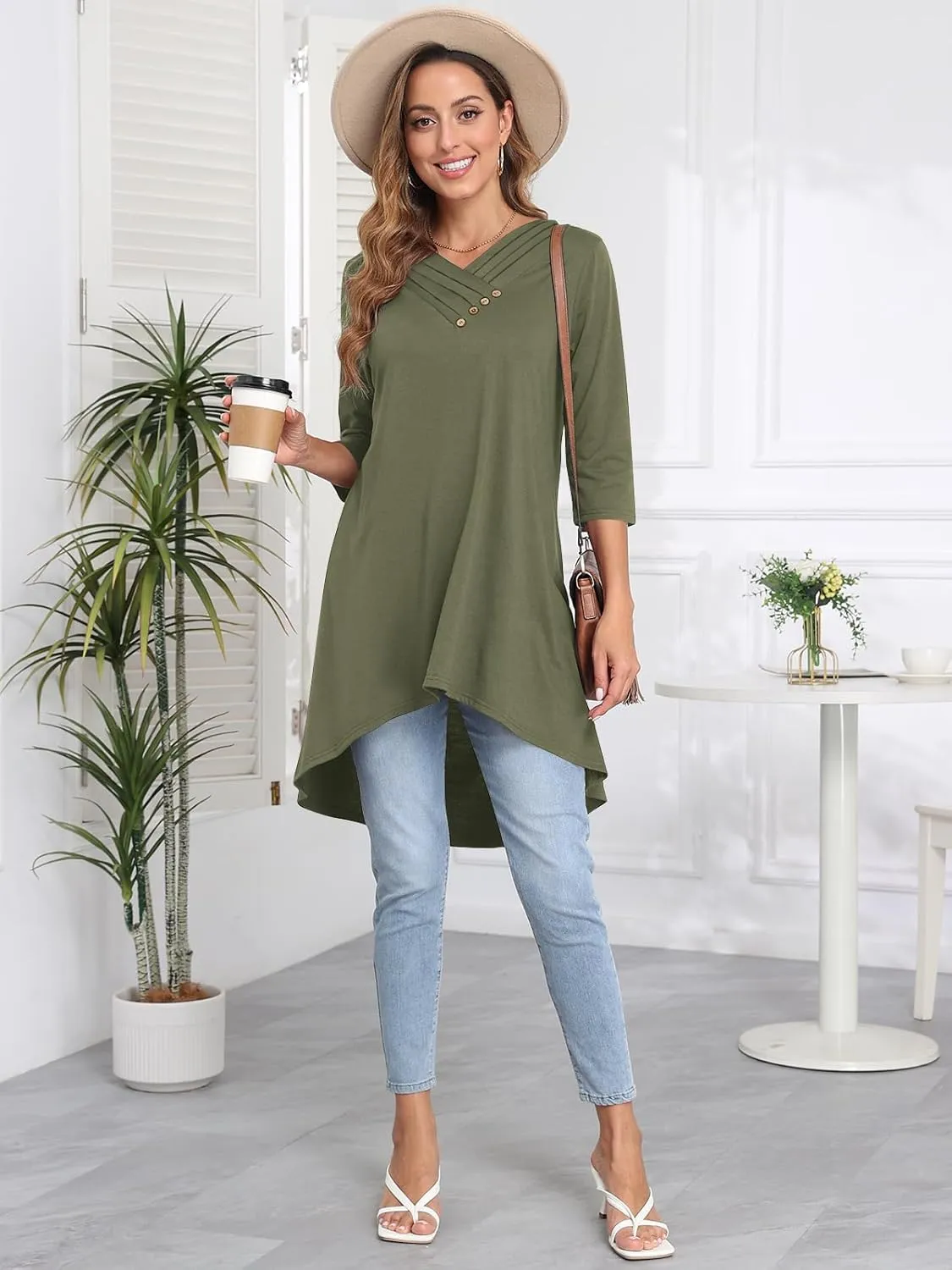 Naggoo Womens Long Shirts for Leggings 3/4 Sleeve V Neck Button Decor High Low Tops Casual Loose Fit Tunic Tops