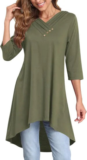 Naggoo Womens Long Shirts for Leggings 3/4 Sleeve V Neck Button Decor High Low Tops Casual Loose Fit Tunic Tops