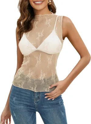 NENONA Women's 2025 Sleeveless Mesh Sheer Tops Mock Neck Lace Floral See Through Tank Shirts