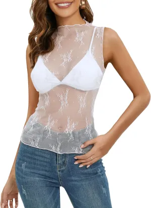 NENONA Women's 2025 Sleeveless Mesh Sheer Tops Mock Neck Lace Floral See Through Tank Shirts