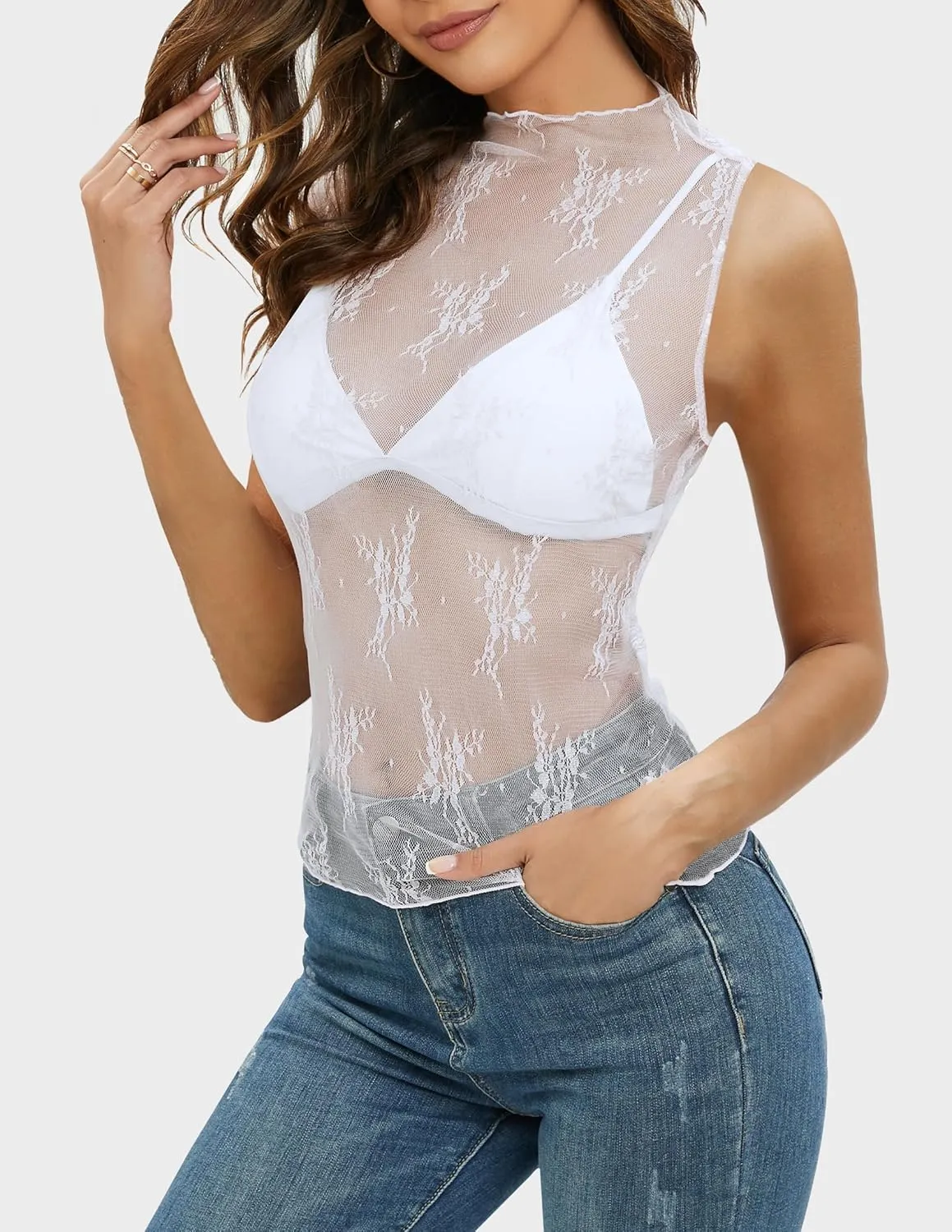 NENONA Women's 2025 Sleeveless Mesh Sheer Tops Mock Neck Lace Floral See Through Tank Shirts