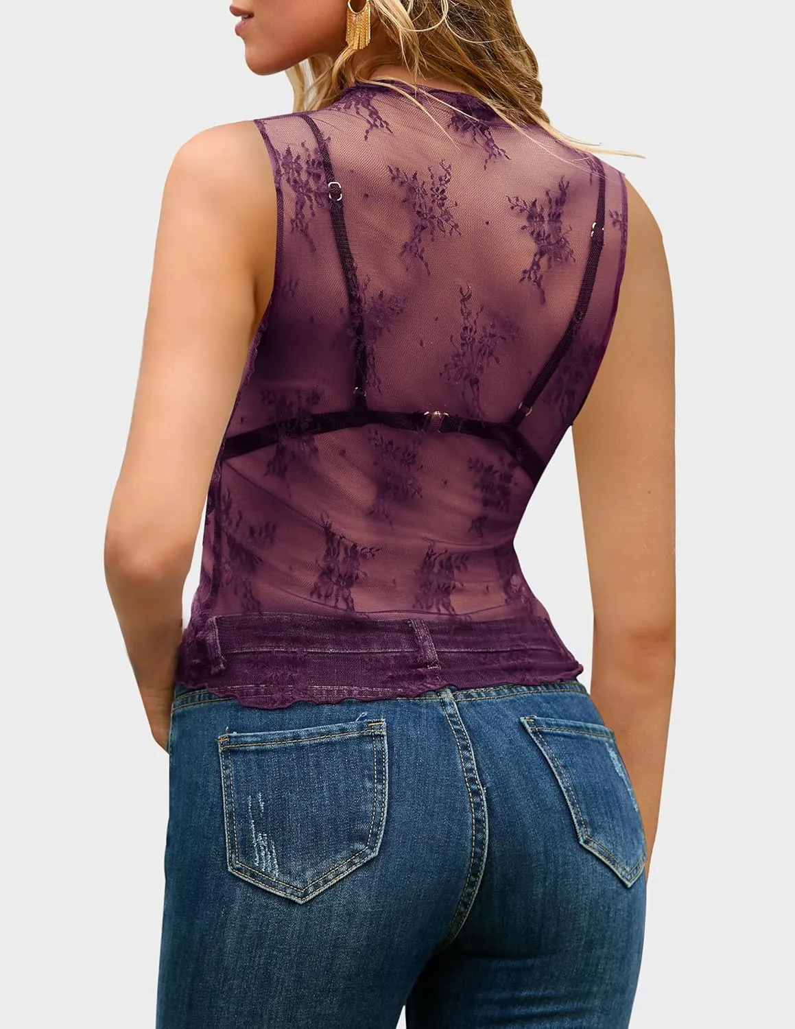 NENONA Women's 2025 Sleeveless Mesh Sheer Tops Mock Neck Lace Floral See Through Tank Shirts
