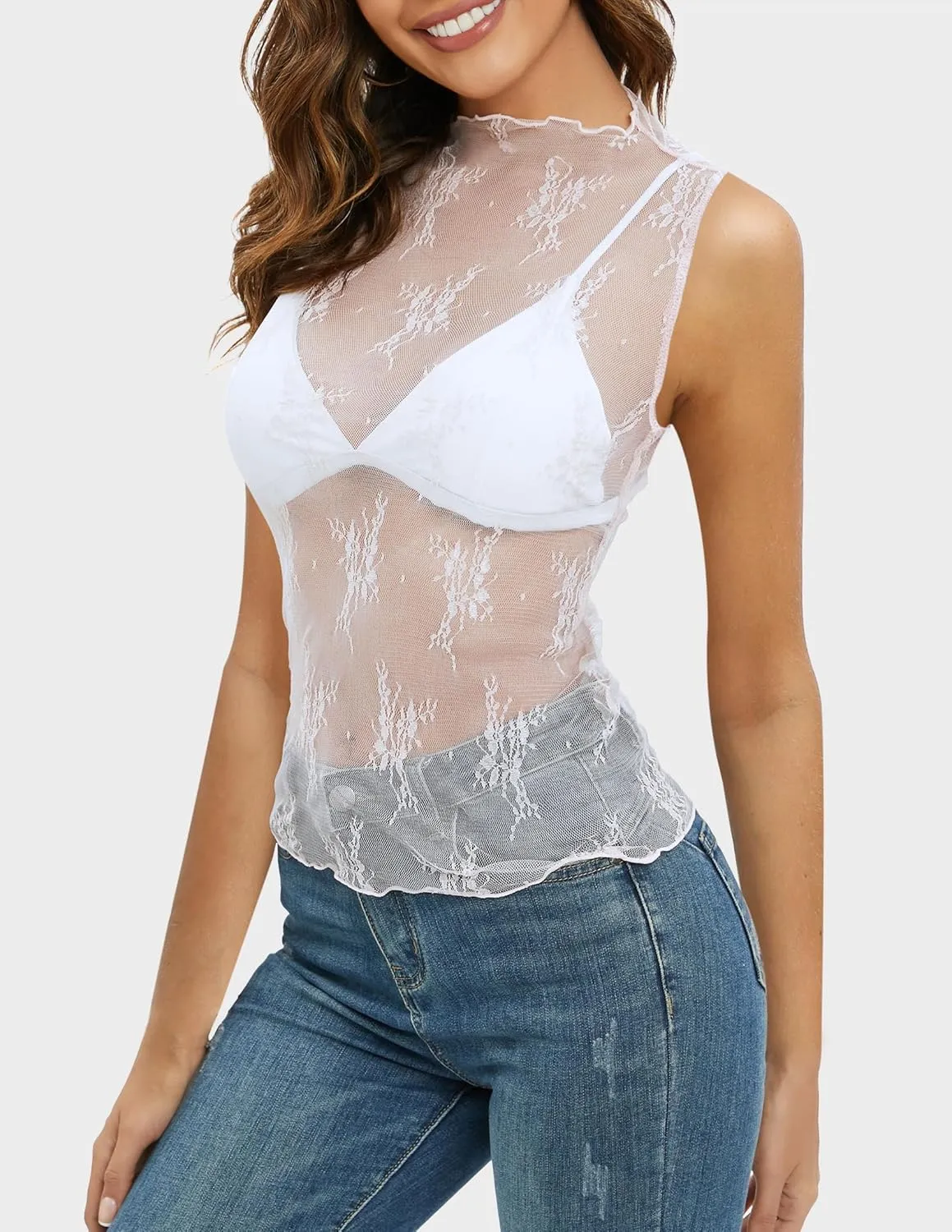 NENONA Women's 2025 Sleeveless Mesh Sheer Tops Mock Neck Lace Floral See Through Tank Shirts