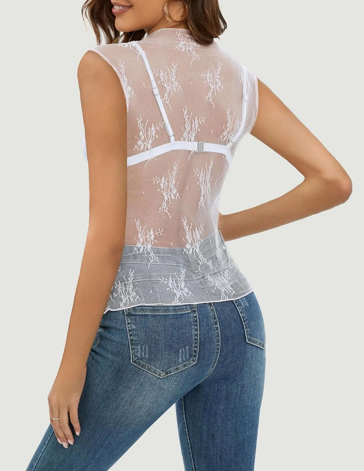NENONA Women's 2025 Sleeveless Mesh Sheer Tops Mock Neck Lace Floral See Through Tank Shirts