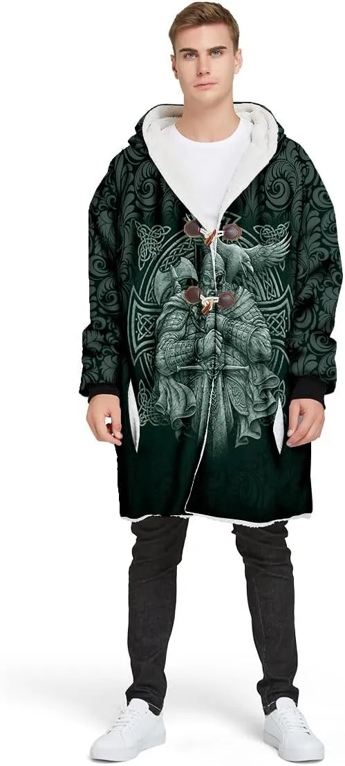 Norse Mythology Vegvisir Viking 3D Print Dream Cloak Thick Warm Hooded Men Overcoat Windproof Fleece Jacket