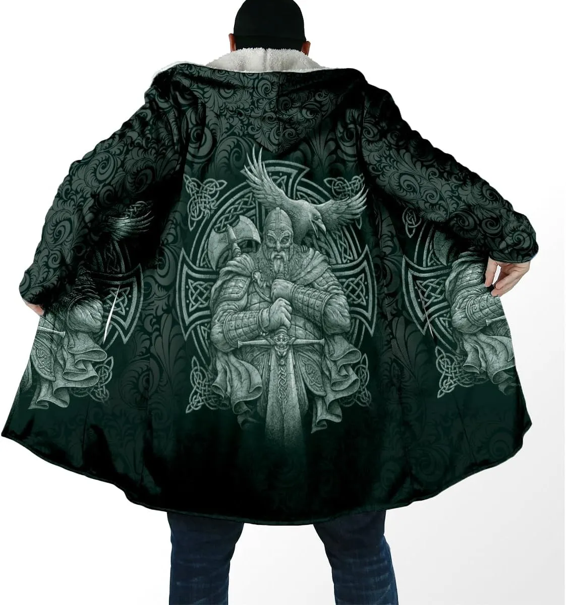 Norse Mythology Vegvisir Viking 3D Print Dream Cloak Thick Warm Hooded Men Overcoat Windproof Fleece Jacket