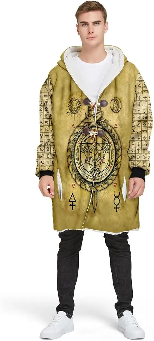 Norse Mythology Vegvisir Viking Symbol Thick Warm Hooded Cloak For Men Overcoat Windproof Fleece Jacket