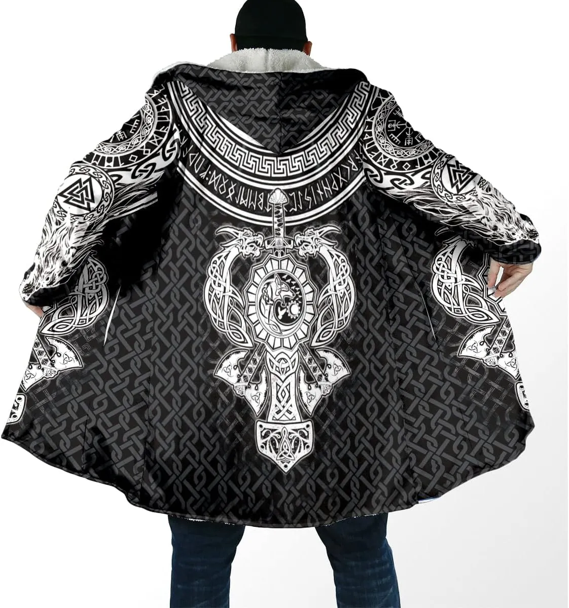 Norse Mythology Vegvisir Viking Symbol Thick Warm Hooded Cloak For Men Overcoat Windproof Fleece Jacket