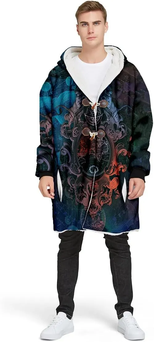 Norse Mythology Vegvisir Viking Symbol Thick Warm Hooded Cloak For Men Overcoat Windproof Fleece Jacket