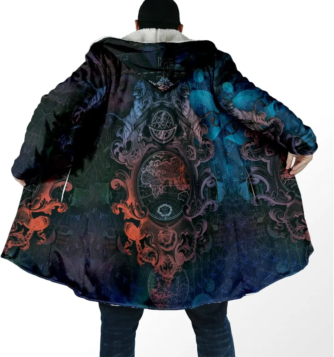 Norse Mythology Vegvisir Viking Symbol Thick Warm Hooded Cloak For Men Overcoat Windproof Fleece Jacket