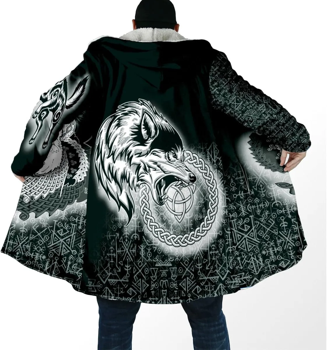 Norse Mythology Vegvisir Viking Symbol Thick Warm Hooded Cloak For Men Overcoat Windproof Fleece Jacket