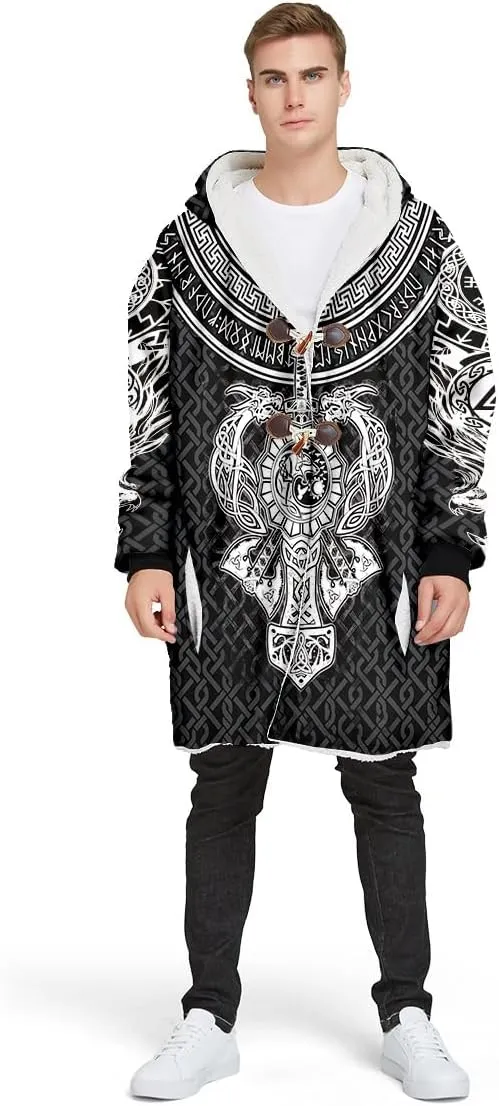 Norse Mythology Vegvisir Viking Symbol Thick Warm Hooded Cloak For Men Overcoat Windproof Fleece Jacket