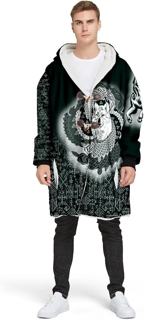 Norse Mythology Vegvisir Viking Symbol Thick Warm Hooded Cloak For Men Overcoat Windproof Fleece Jacket