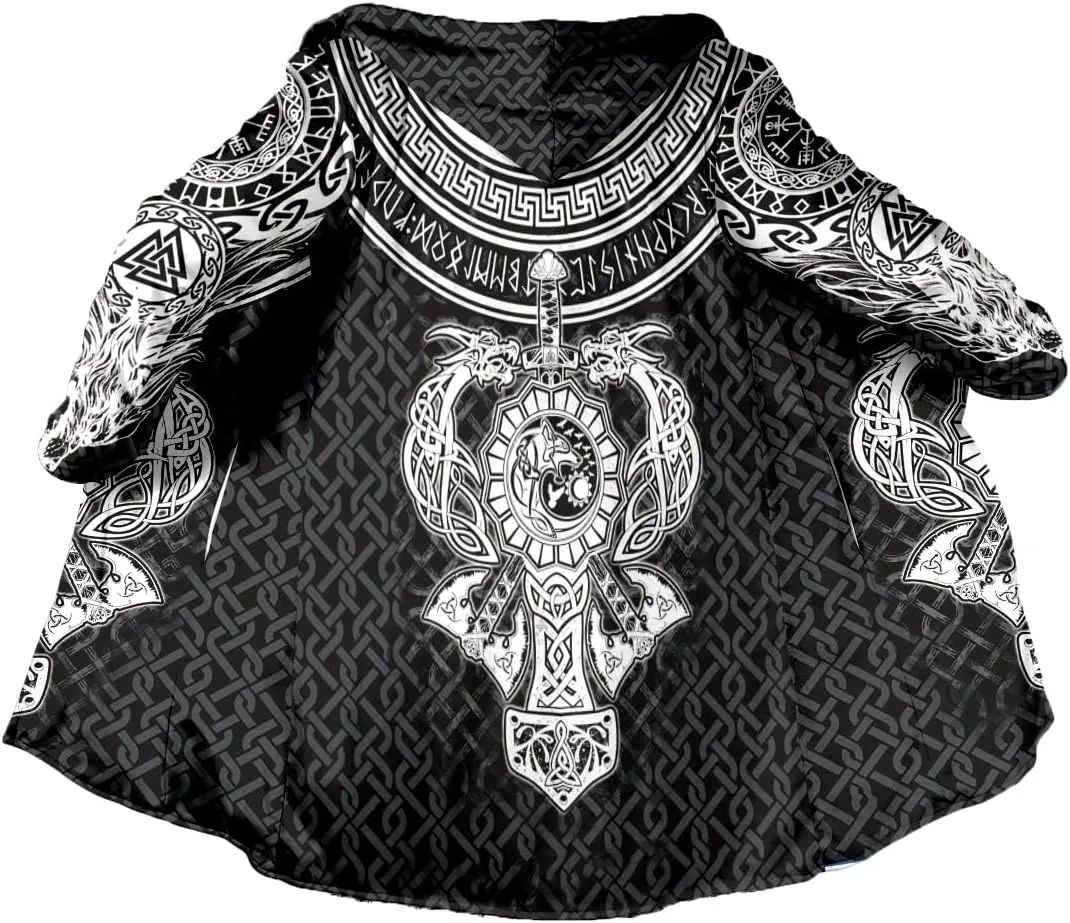 Norse Mythology Vegvisir Viking Symbol Thick Warm Hooded Cloak For Men Overcoat Windproof Fleece Jacket